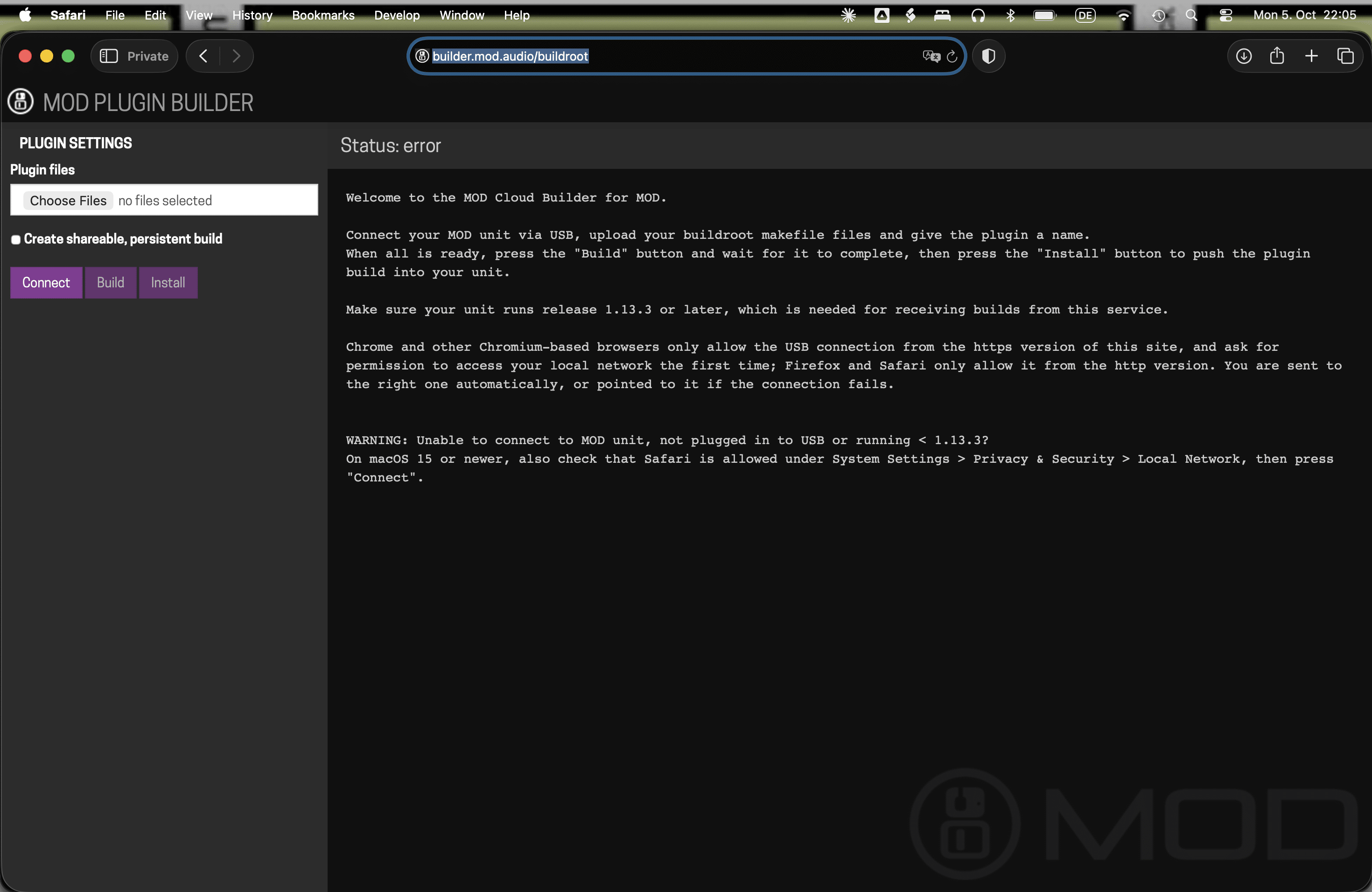 Buildroot screen of the MOD Cloud Builder, where the .mk file is uploaded