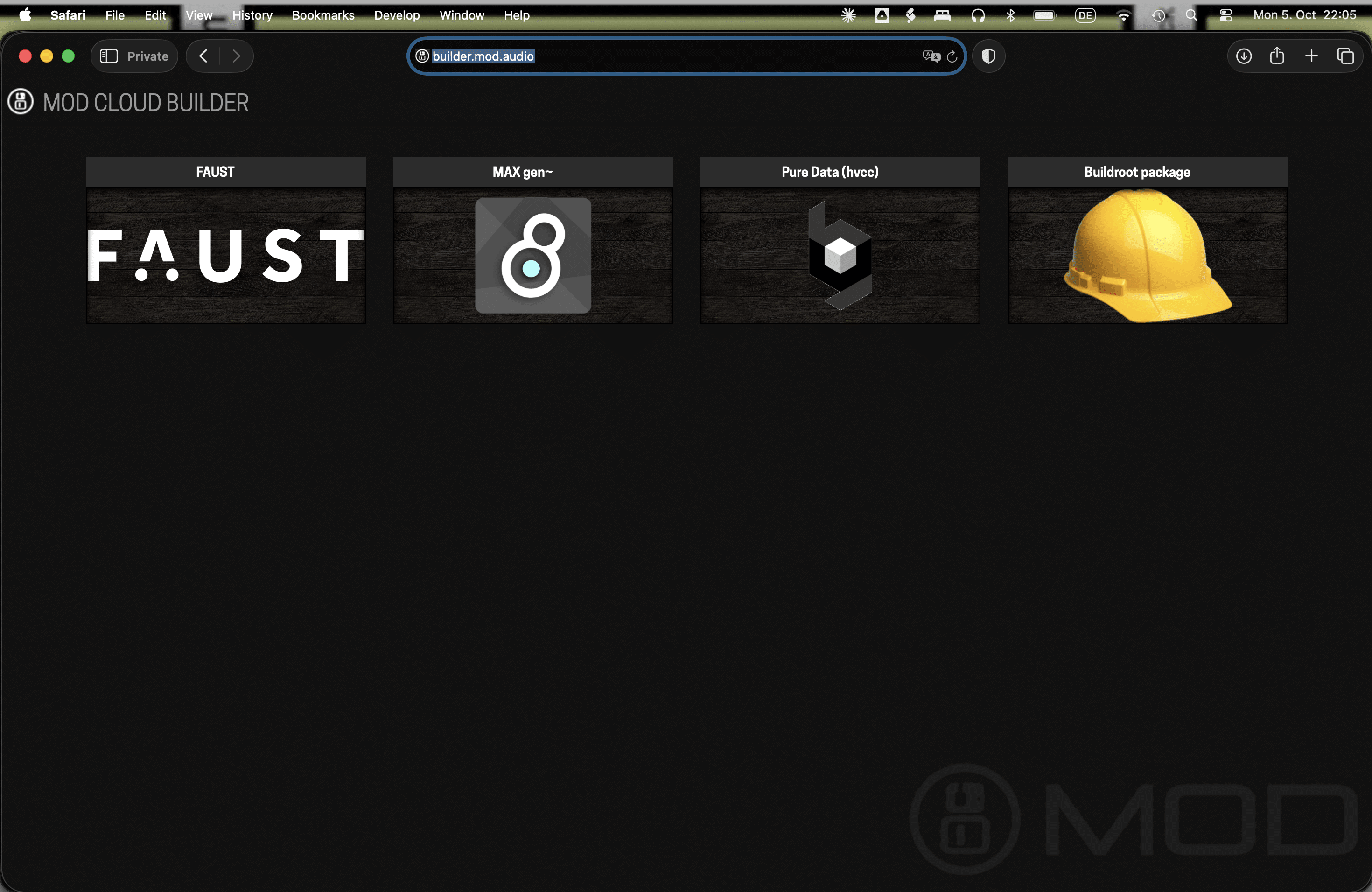 Home screen of the MOD Cloud Builder